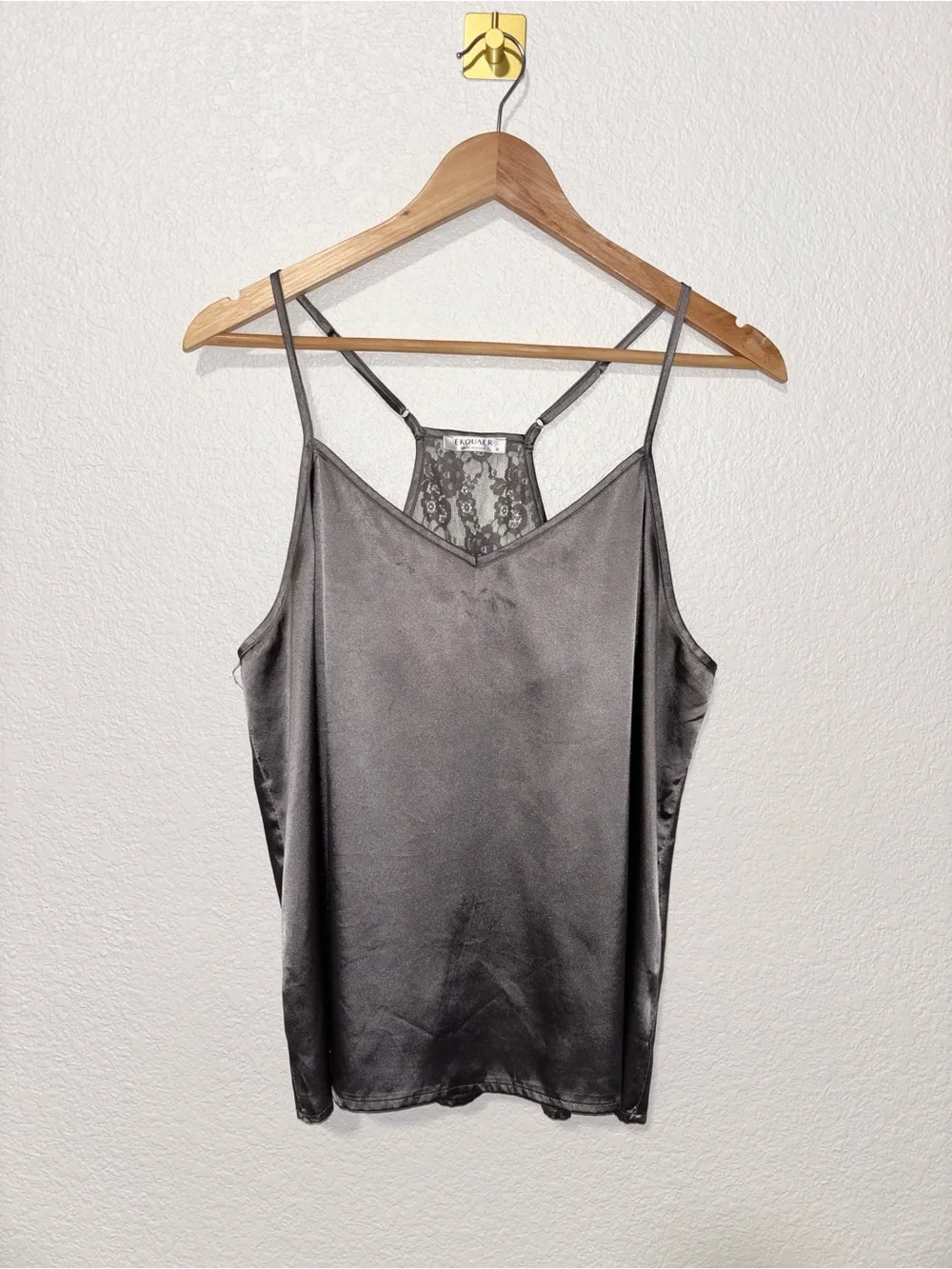 EKOUER Gray Satin Lace Cami & Shorts Pajama Set M
